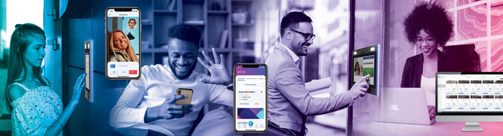 blue to purple to pink gradient featuring multiple ways to use keycom for building access