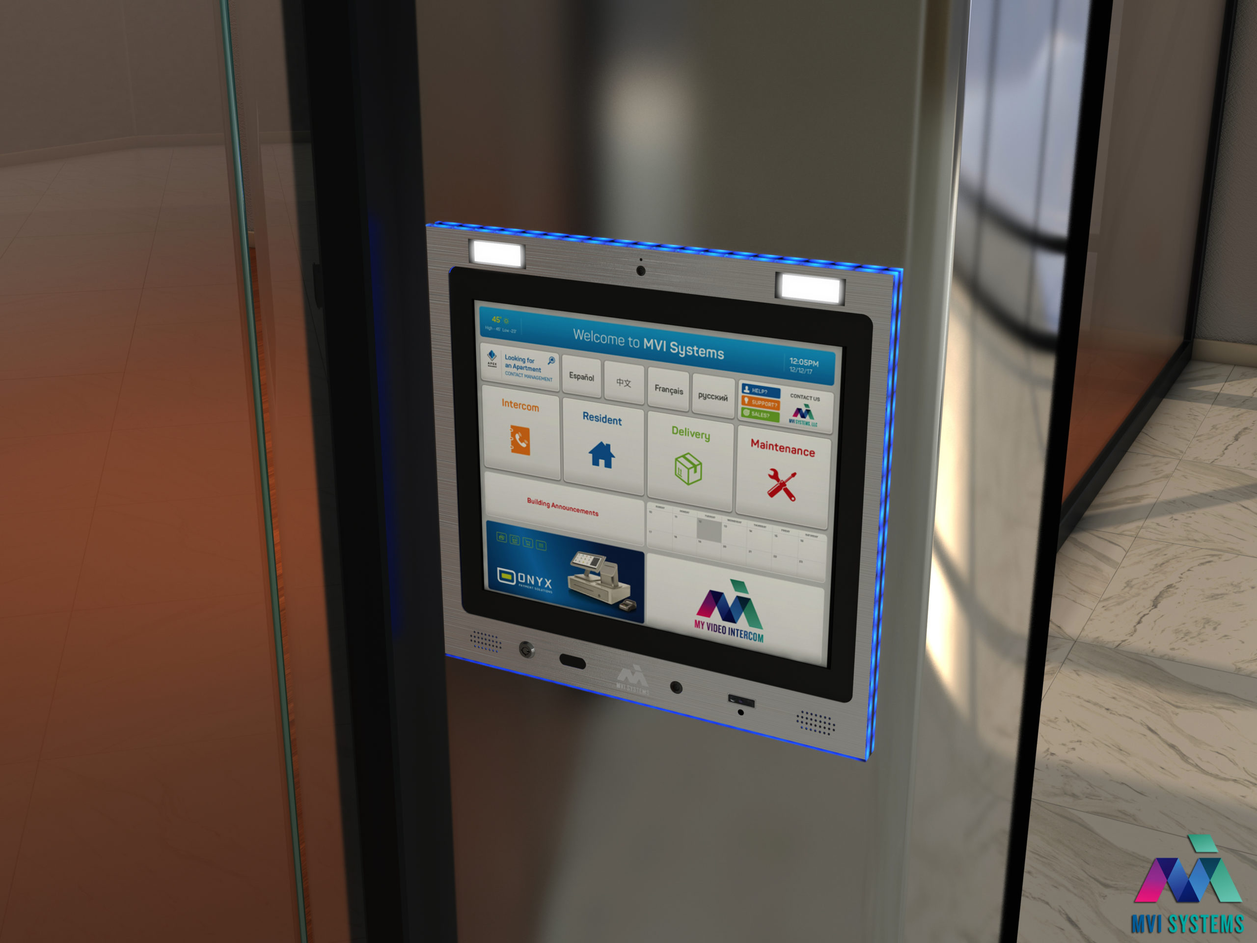 mvi keycom system mounted on metal wall by elevator